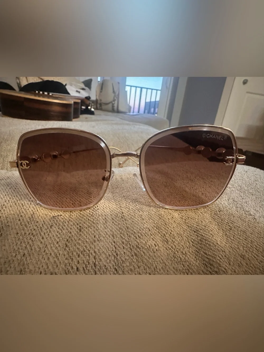 Gold Frame Brown Gradient Sunglasses with Pearl Temple Detail